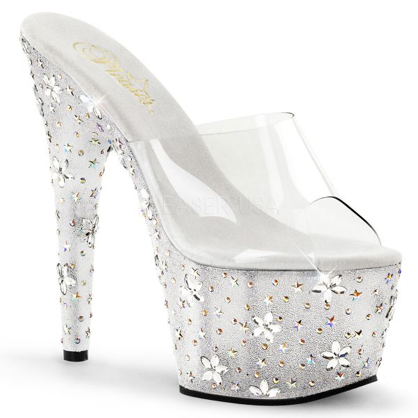 STARBLOOM-701 Durchsichtige Plateau Pantolette mit Strass unterschiedlicher Größe auf Plateau und Absatz